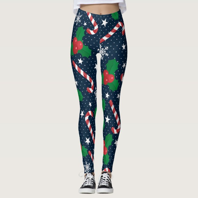 Festive Candy Cane & Holly Berry Christmas Leggings (Front)