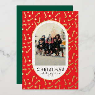 Festive Candy Cane Pattern Christmas family photo Foil Holiday Card