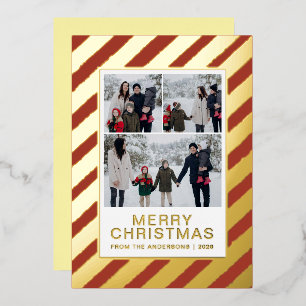 Festive Candy Cane Stripe Border 3 Photo Christmas Foil Holiday Card
