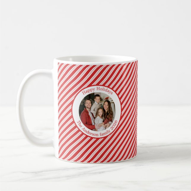 Festive Candy Cane Striped Christmas Red Photo Coffee Mug (Left)