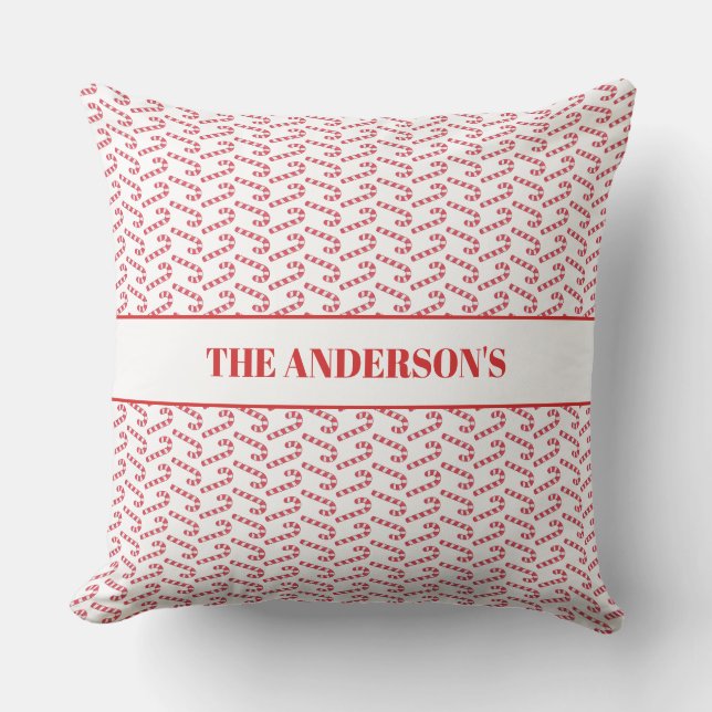 Festive Candy Cane Striped Christmas Red White Cushion (Front)