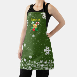 FESTIVE Candy Canes & Snowflakes Dark GREEN Apron