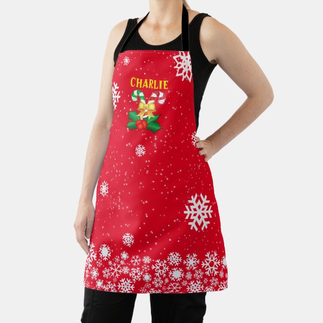 FESTIVE Candy Canes & Snowflakes RED Apron (Insitu)