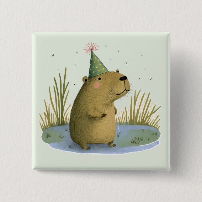 Festive Capybara Birthday Hat Button (Front)
