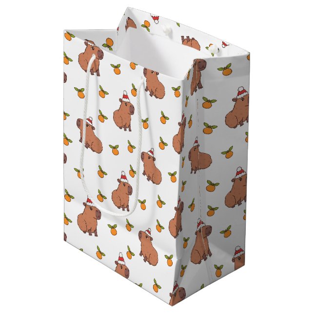 Festive Capybara Christmas Holiday Medium Gift Bag (Front Angled)