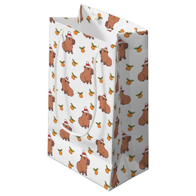 Festive Capybara Christmas Holiday Small Gift Bag (Front Angled)