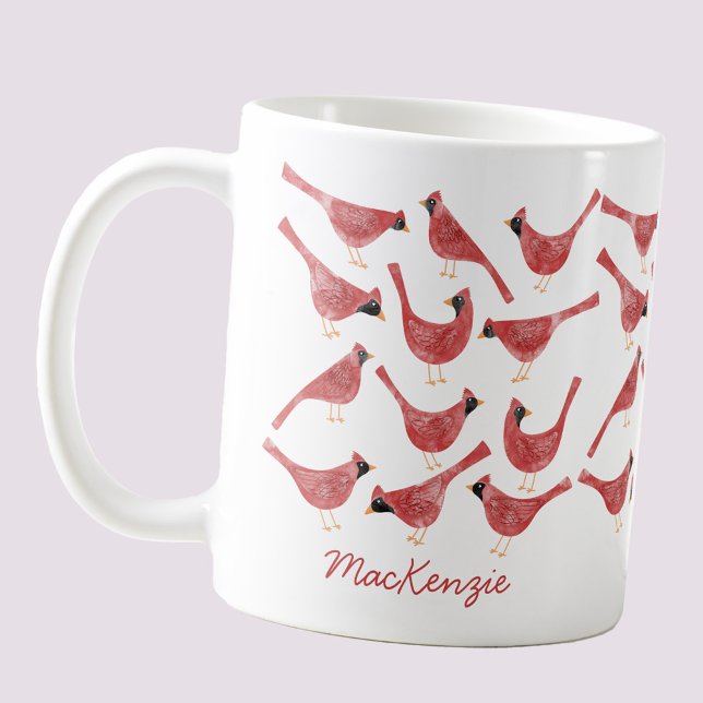 Festive Cardinal Bird Watercolor Personalised Name Coffee Mug (Festive Cardinal bird red and white watercolor personalized custom name Christmas Holiday coffee mug)