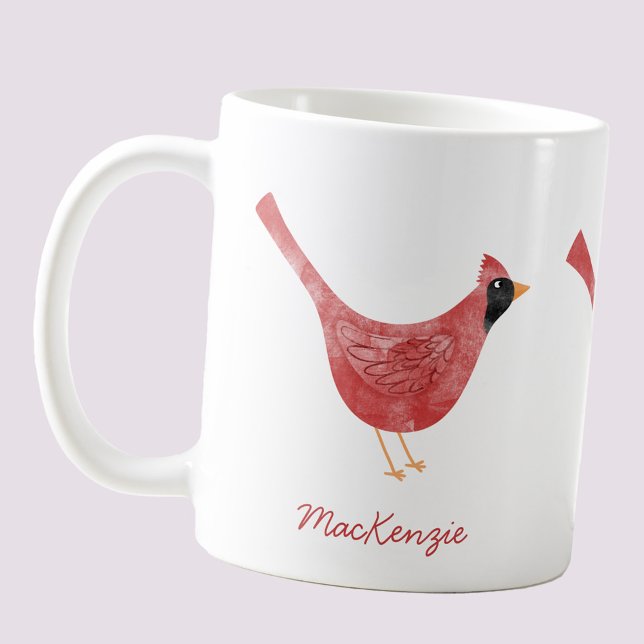 Festive Cardinal Bird Watercolor Personalised Name Coffee Mug (Festive Cardinal bird red and white watercolor personalized custom name Christmas Holiday mug)