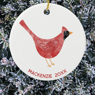 Festive Cardinal Bird Watercolor Personalised Year Ceramic Tree Decoration