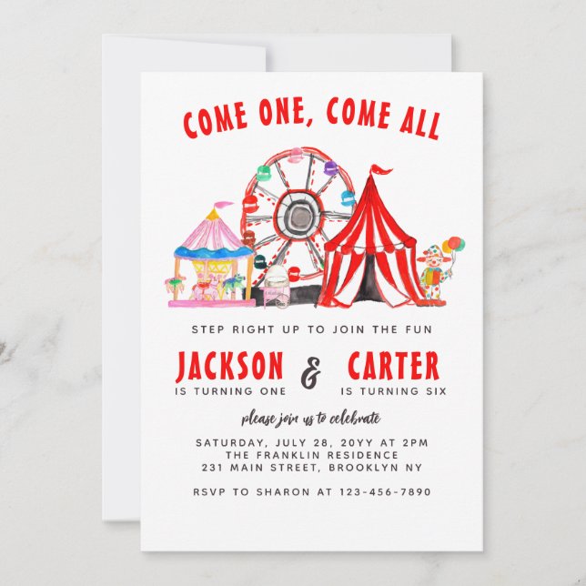 Festive Carnival Circus Show Kid Joint Birthday Invitation (Front)