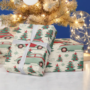 Festive cars on cheerful wrapping paper
