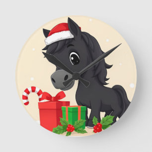 Festive Cartoon Black Horse With Santa Hat Round Clock