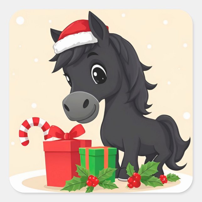 Festive Cartoon Black Horse With Santa Hat Square Sticker (Front)