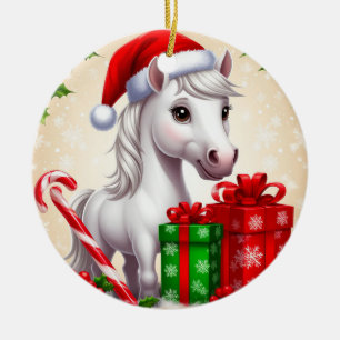 Festive Cartoon Horse in Santa Hat With Gifts Ceramic Tree Decoration