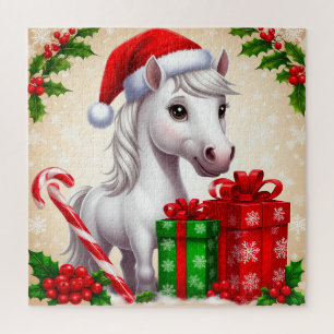 Festive Cartoon Horse in Santa Hat With Gifts Jigsaw Puzzle