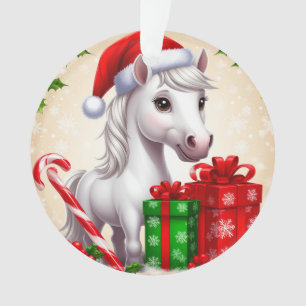 Festive Cartoon Horse in Santa Hat With Gifts Ornament