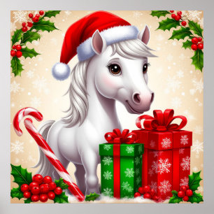 Festive Cartoon Horse in Santa Hat With Gifts Poster
