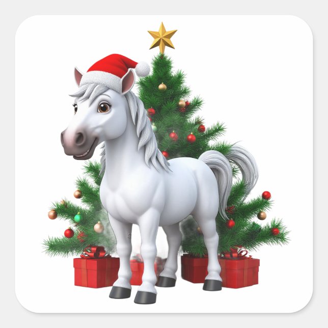 Festive Cartoon Pony in Santa Hat Square Sticker (Front)