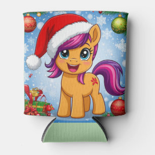 Festive Cartoon Pony Wearing Santa Hat  Can Cooler