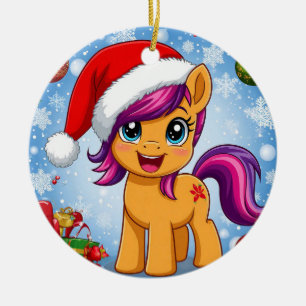 Festive Cartoon Pony Wearing Santa Hat Ceramic Tree Decoration