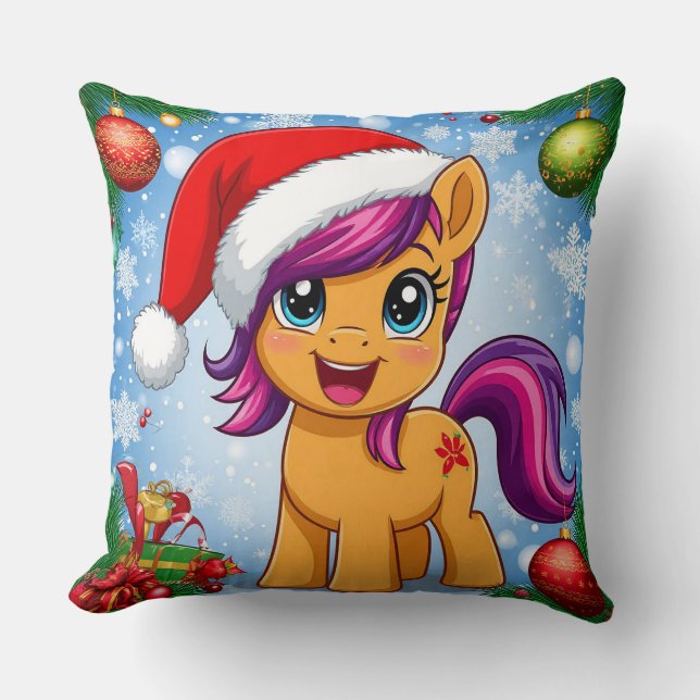 Festive Cartoon Pony Wearing Santa Hat  Cushion (Front)