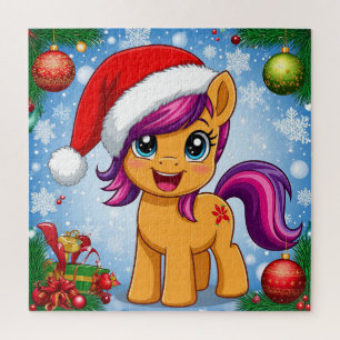Festive Cartoon Pony Wearing Santa Hat Jigsaw Puzzle