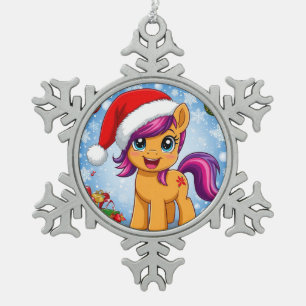 Festive Cartoon Pony Wearing Santa Hat Snowflake Pewter Christmas Ornament