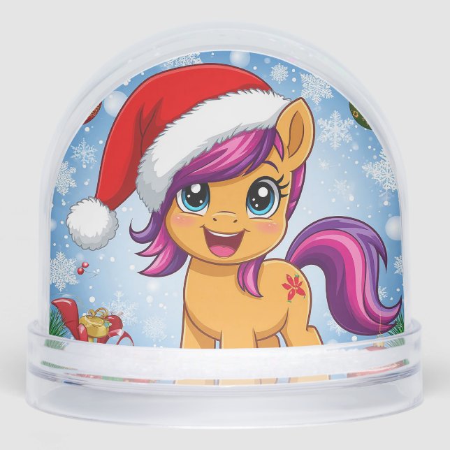 Festive Cartoon Pony Wearing Santa Hat  Snowglobe (Front)