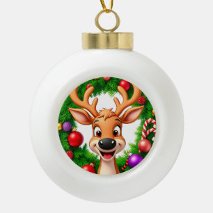 Festive Cartoon Reindeer Holiday Cheer Winter Joy Ceramic Ball Christmas Ornament