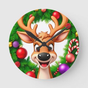 Festive Cartoon Reindeer Round Clock