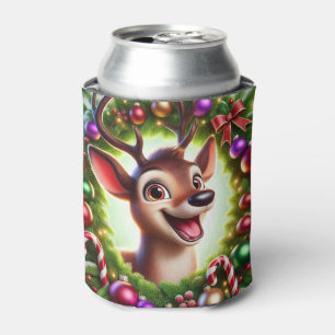 Festive Cartoon Reindeer with Christmas Decoration Can Cooler