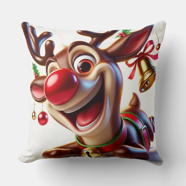 Festive Cartoon Reindeer with Christmas Decoration Cushion (Front)