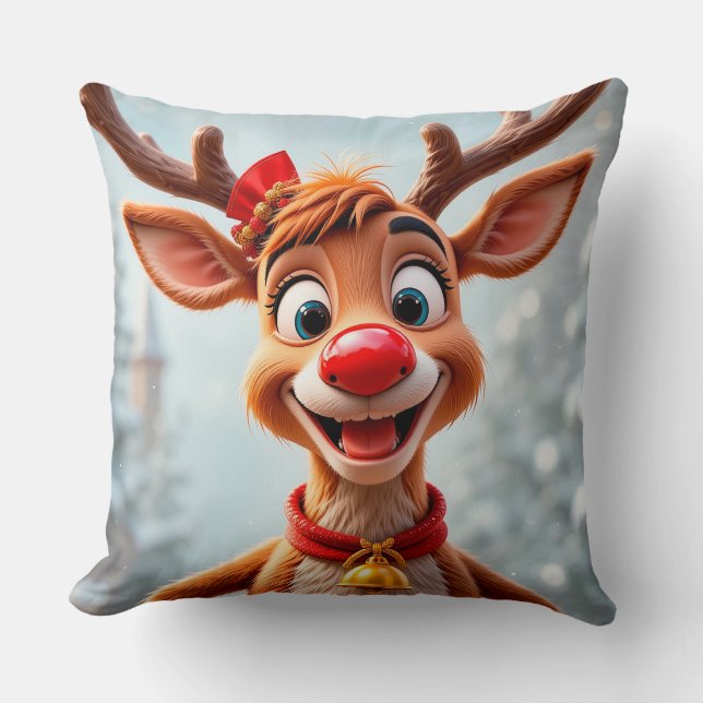 Festive Cartoon Reindeer with Christmas Decoration Cushion (Front)
