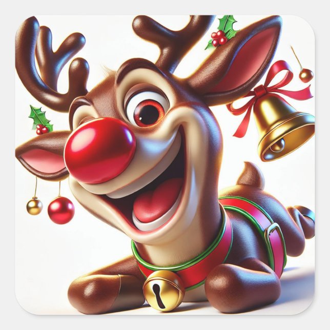 Festive Cartoon Reindeer with Christmas Decoration Square Sticker (Front)