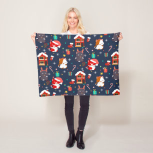 Festive Cartoon Santa Cat Celebration Fleece Blanket