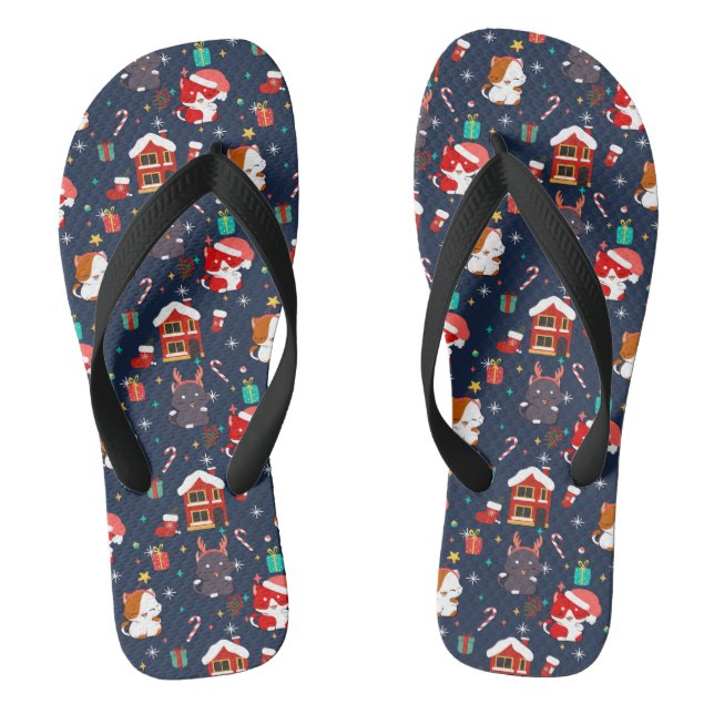 Festive Cartoon Santa Cat Celebration Flip Flops (Footbed)