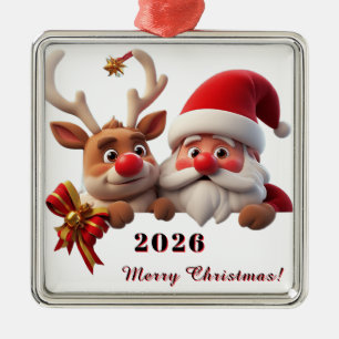 Festive Cartoon Santa Claus and Reindeer Metal Tree Decoration