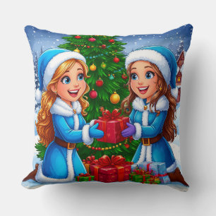 Festive Cartoon Scene of Two Friends Cushion