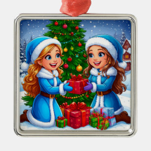 Festive Cartoon Scene of Two Friends Metal Tree Decoration