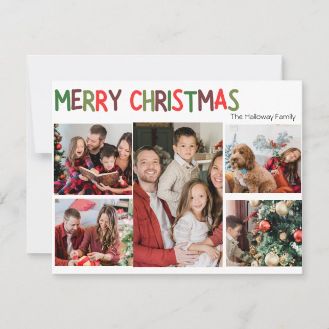 Festive Casual Colourful Christmas Five Photo Holi Holiday Card (Front)
