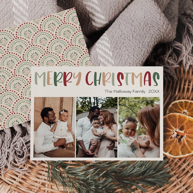 Festive Casual Colourful Christmas Three Photo Holiday Card (Creator Uploaded)