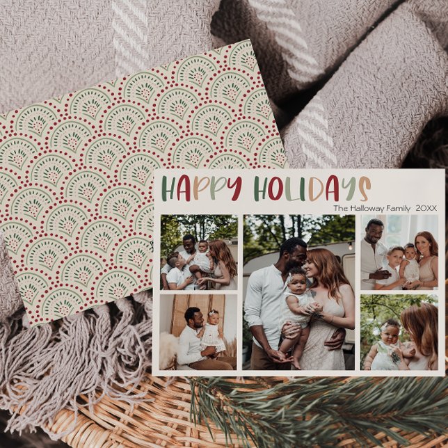 Festive Casual Colourful Happy Holidays Five Photo Holiday Card (Creator Uploaded)
