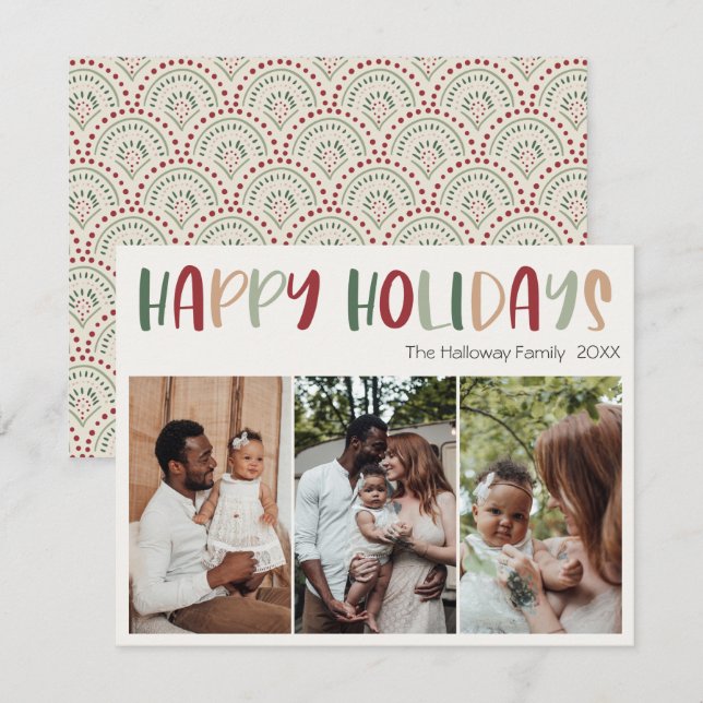 Festive Casual Colourful Happy Holidays Three Phot Holiday Card (Front/Back)