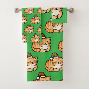 Festive Cat Christmas - Cute Cat in Santa Hat Bath Towel Set