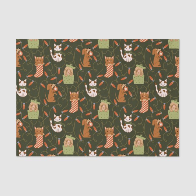 Festive Cat Dog Christmas Lighting Green Tissue Paper (Front)