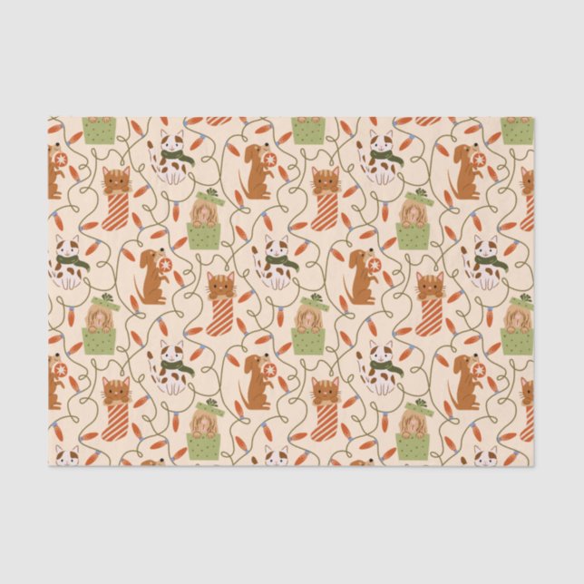 Festive Cat Dog Christmas Lighting Tissue Paper (Front)