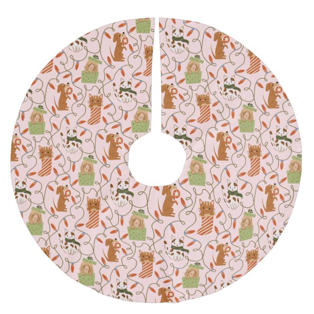 Festive Cat Dog Christmas Lights Pink Brushed Polyester Tree Skirt (Front)