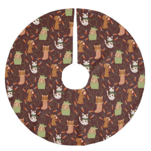 Festive Cat Dog Christmas Lights Red Brushed Polyester Tree Skirt