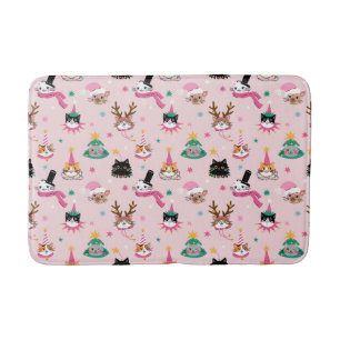 Festive Cat Faces in Holiday Hats Pattern Bath Mat