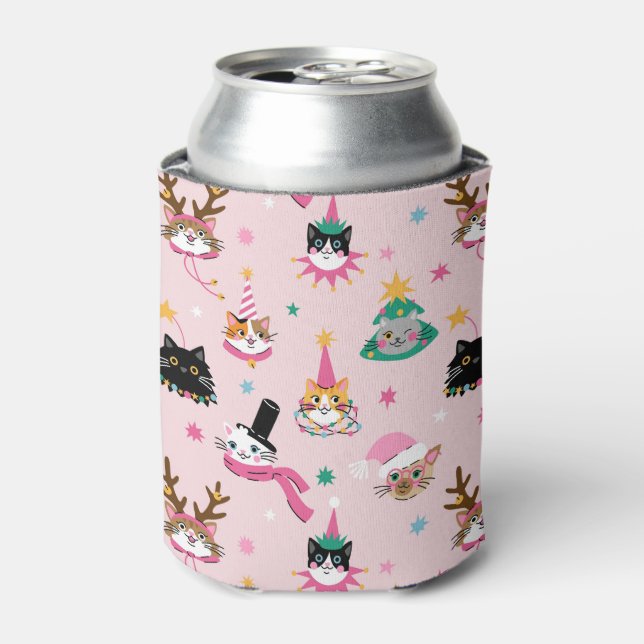 Festive Cat Faces in Holiday Hats Pattern Can Cooler (Can Front)